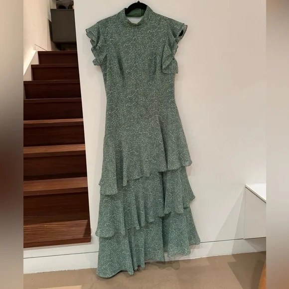 Mikael Aghal green long tiered dress, high neck Mikael Aghal green long tiered dress, high neck